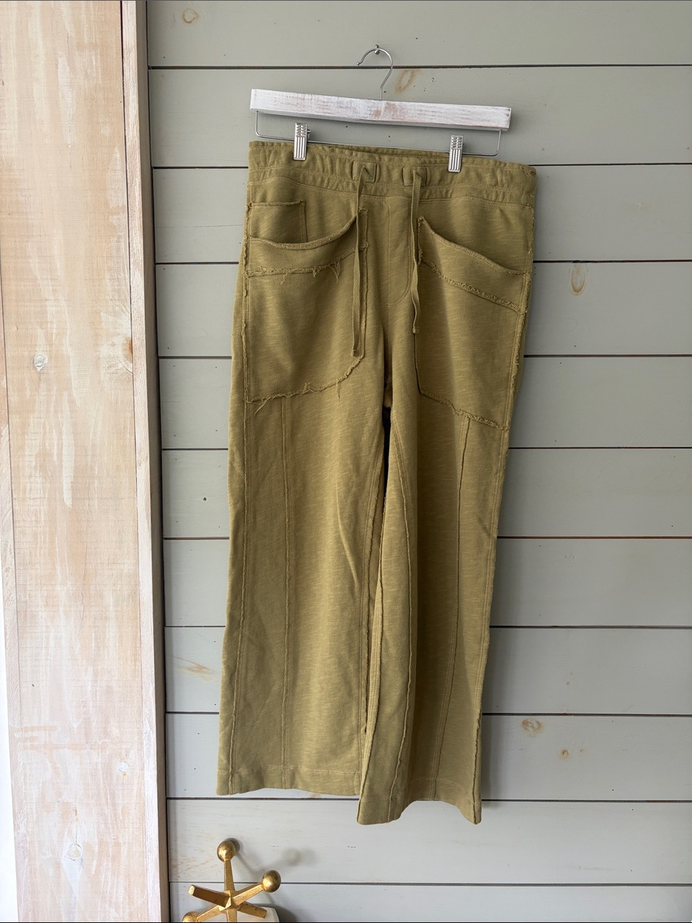 Daily Practice Olive French Terry Wide Leg Crop Pants | Raw Hem | Size M